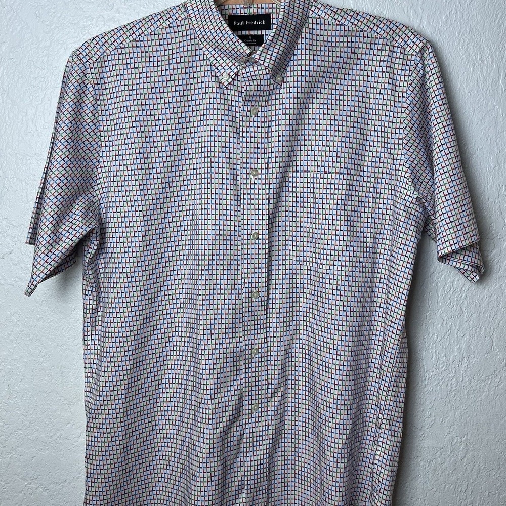 Short Sleeve Mens Button Down Two-Ply Cotton Preppy Sz 16 Multi-Color Non-Iron‎